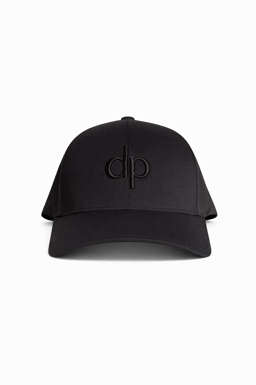 Donato Palangio black tech hat with embroidered dp logo, front view