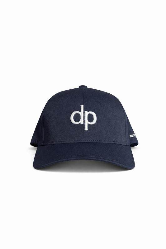 Donato Palangio navy tech hat with embroidered dp logo, front view