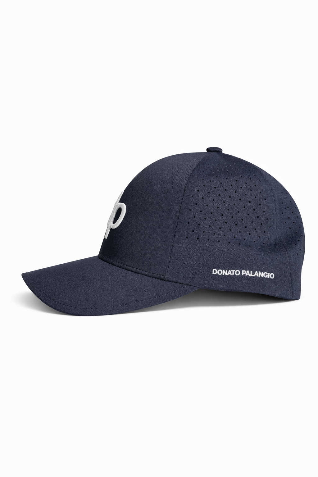 Donato Palangio navy tech hat with embroidered dp logo, side view