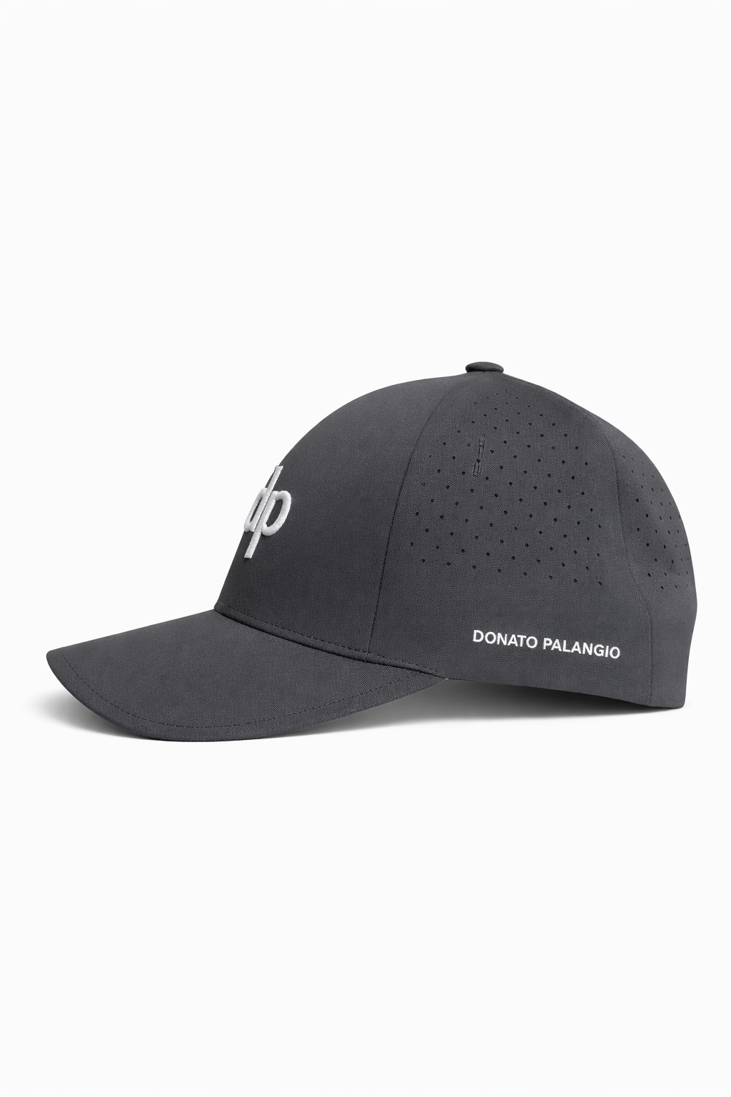 Donato Palangio grey tech hat with embroidered dp logo, side view