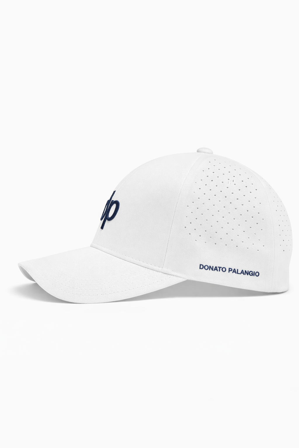 Donato Palangio white tech hat with embroidered dp logo, side view