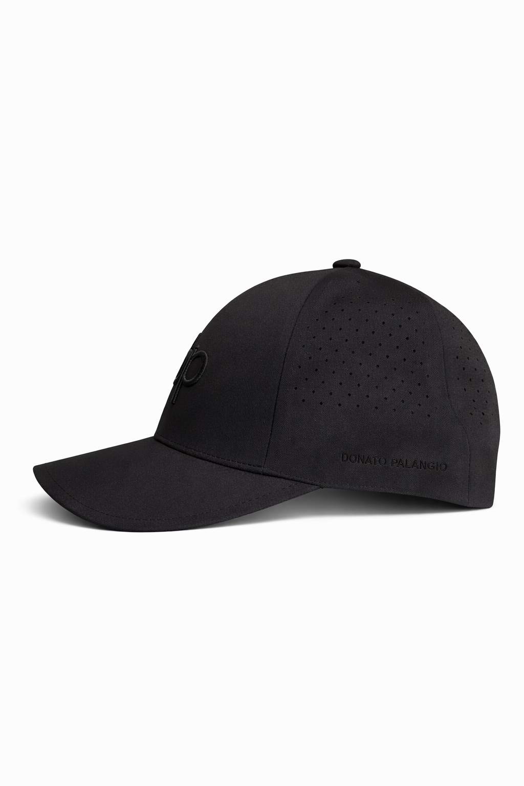 Donato Palangio black tech hat with embroidered dp logo, side view