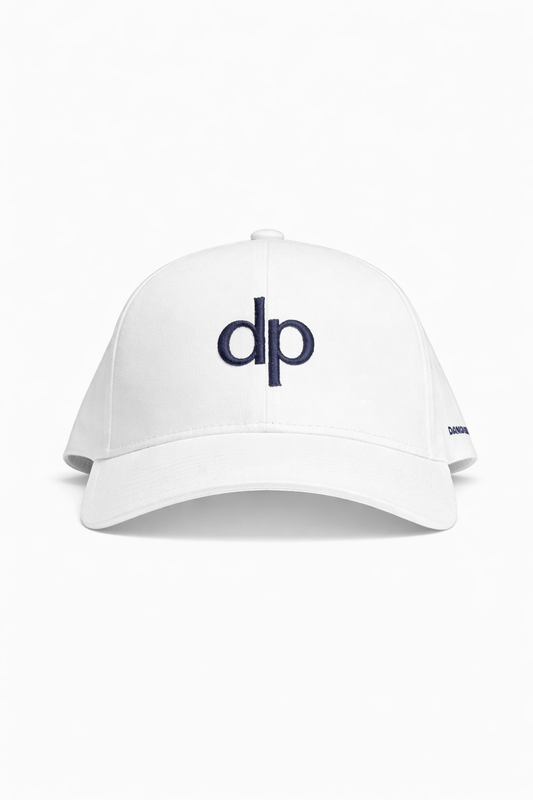 Donato Palangio white tech hat with embroidered dp logo, front view