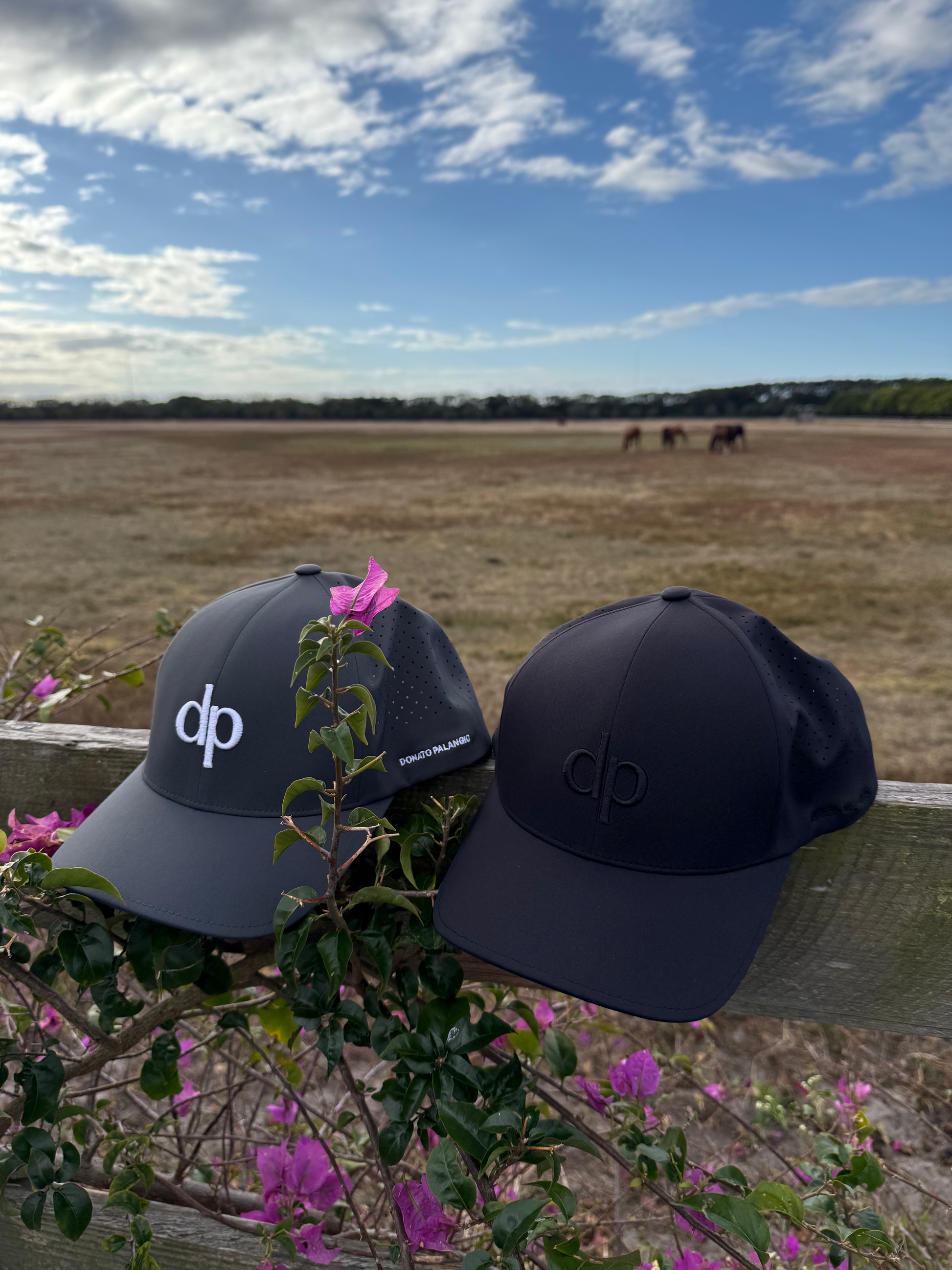 Donato Palangio black and grey tech hats with embroidered dp logo